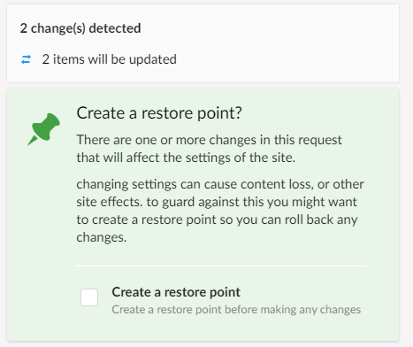 Publisher prompting to create a restore point
