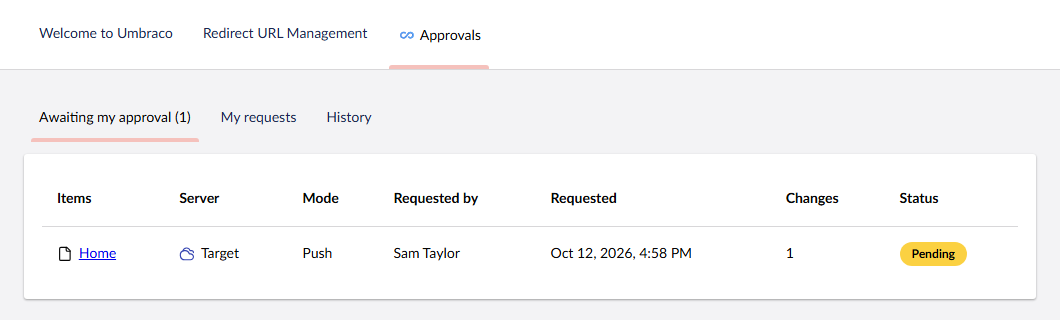 The Approvals dashboard listing a request waiting for approval