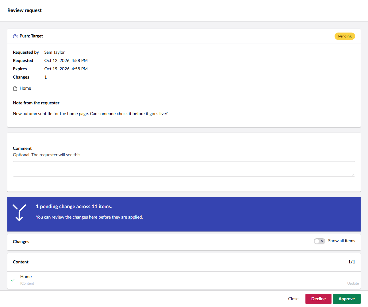 Reviewing a request: the editor's note, the change report and the Approve and Decline buttons