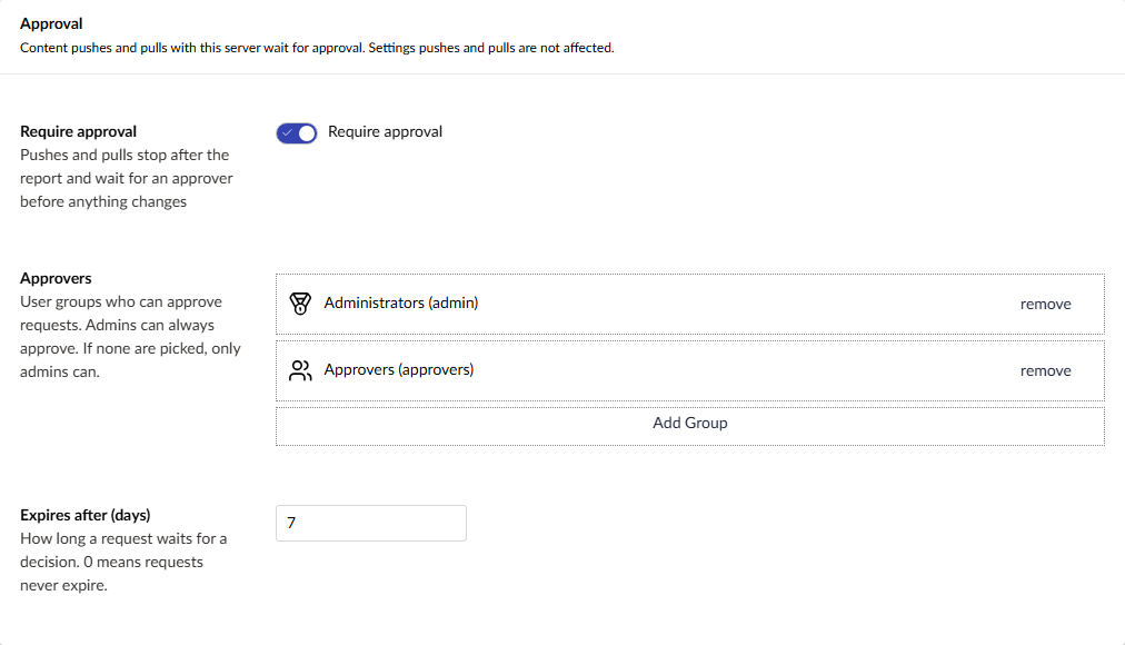 The Approval settings on a server's Permissions view: Require approval, the approver groups and the expiry