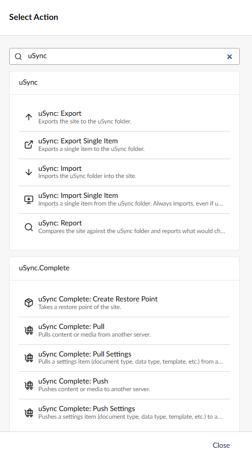 The Automate action picker filtered to uSync, showing the five uSync actions and the five uSync.Complete ones.
