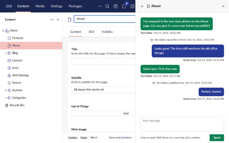 The BackChat panel open beside the About page, with a conversation between two editors and lines showing when the page was saved and published