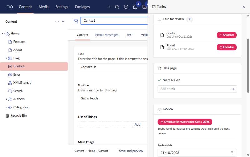The Tasks panel showing two pages due for review, and the Review box for the Contact page, which is overdue
