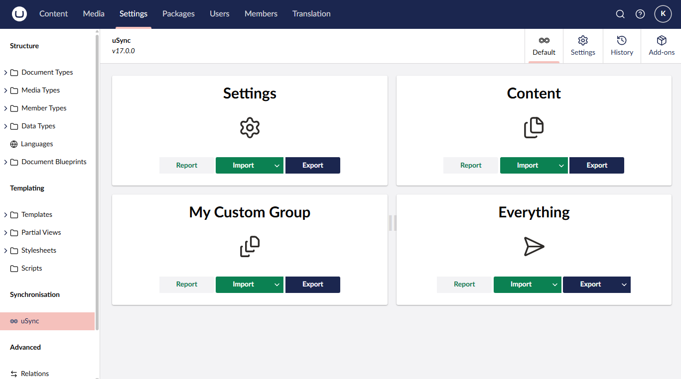 The uSync dashboard showing a custom handler group alongside the built in ones.