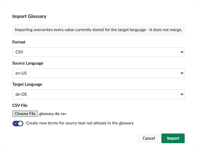The Import Glossary dialog, importing an English to German CSV file
