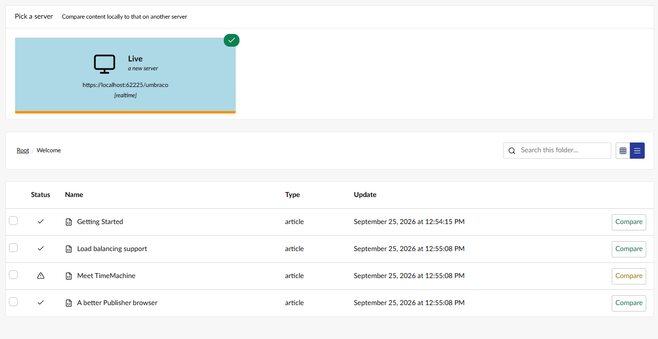 The Publisher content browser in list view, showing the sync status of each item