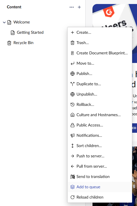 Add to queue in the actions menu for a content node, below Push to server and Pull from server
