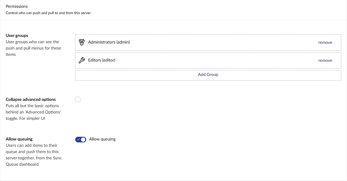 The Allow queuing toggle on a server's Permissions view, under the user groups who can push to it