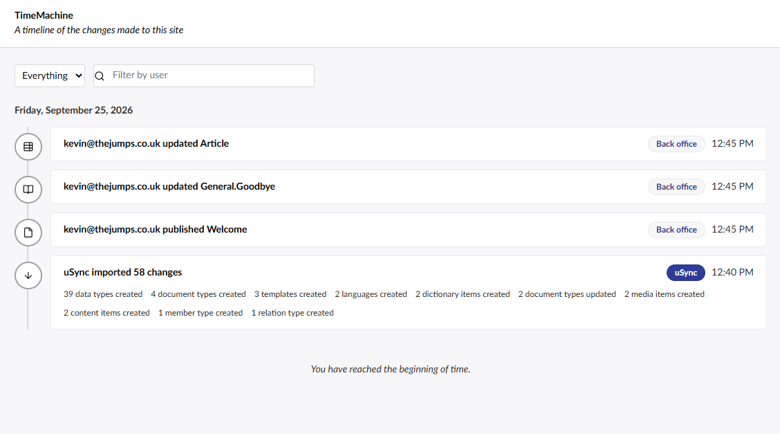 The TimeMachine timeline, showing a day's events grouped by user and source