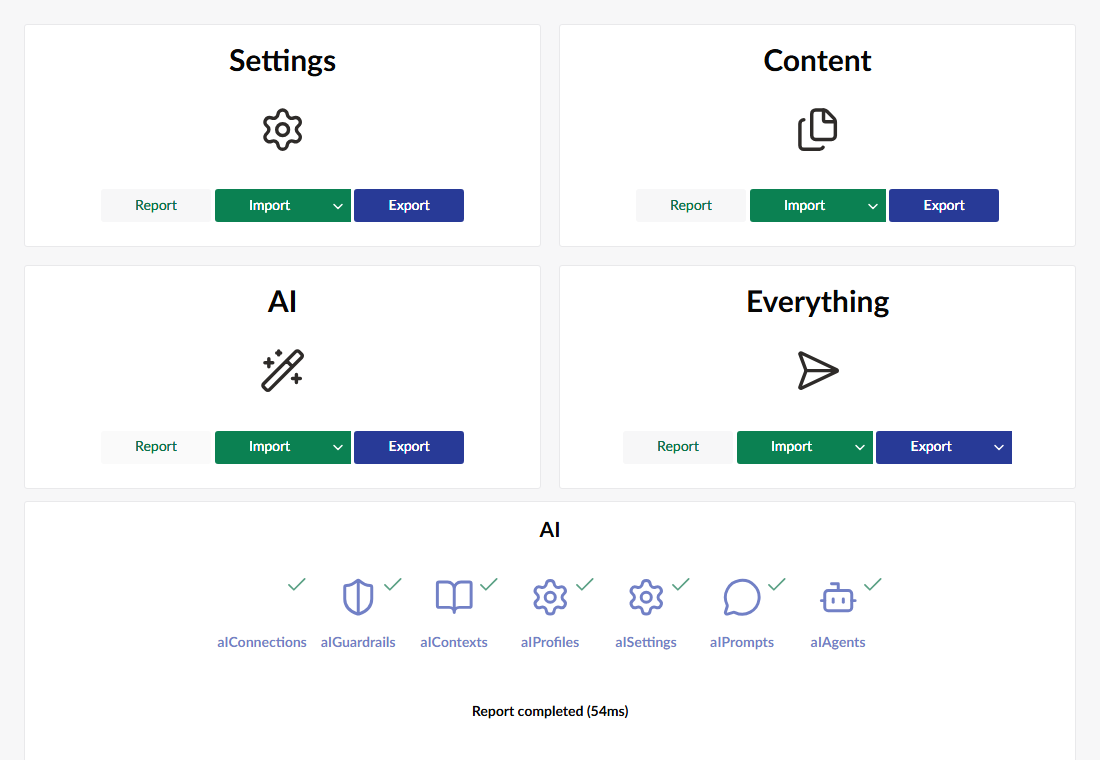 The uSync dashboard with the new AI group, showing a report across connections, guardrails, contexts, profiles, settings, prompts and agents