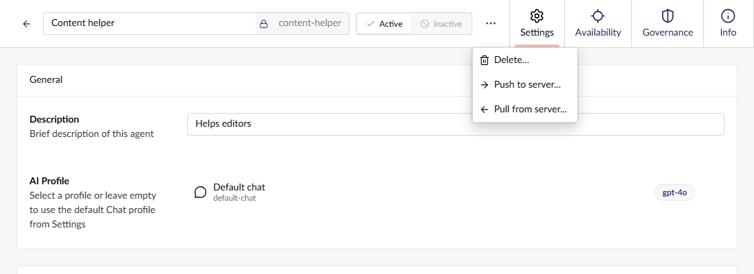 The actions menu on an Umbraco.AI agent, with Push to server and Pull from server options