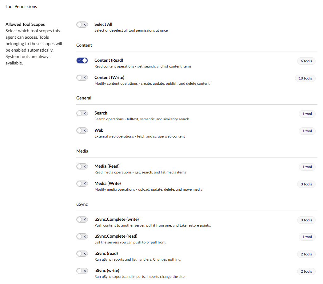 An agent's tool permissions in Umbraco.AI, with the uSync and uSync.Complete tool scopes listed