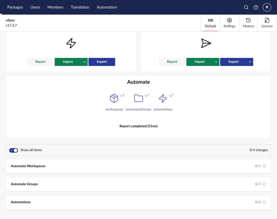 uSync reporting on the Automate group, listing the Automate Workspaces, Automate Groups and Automations handlers.