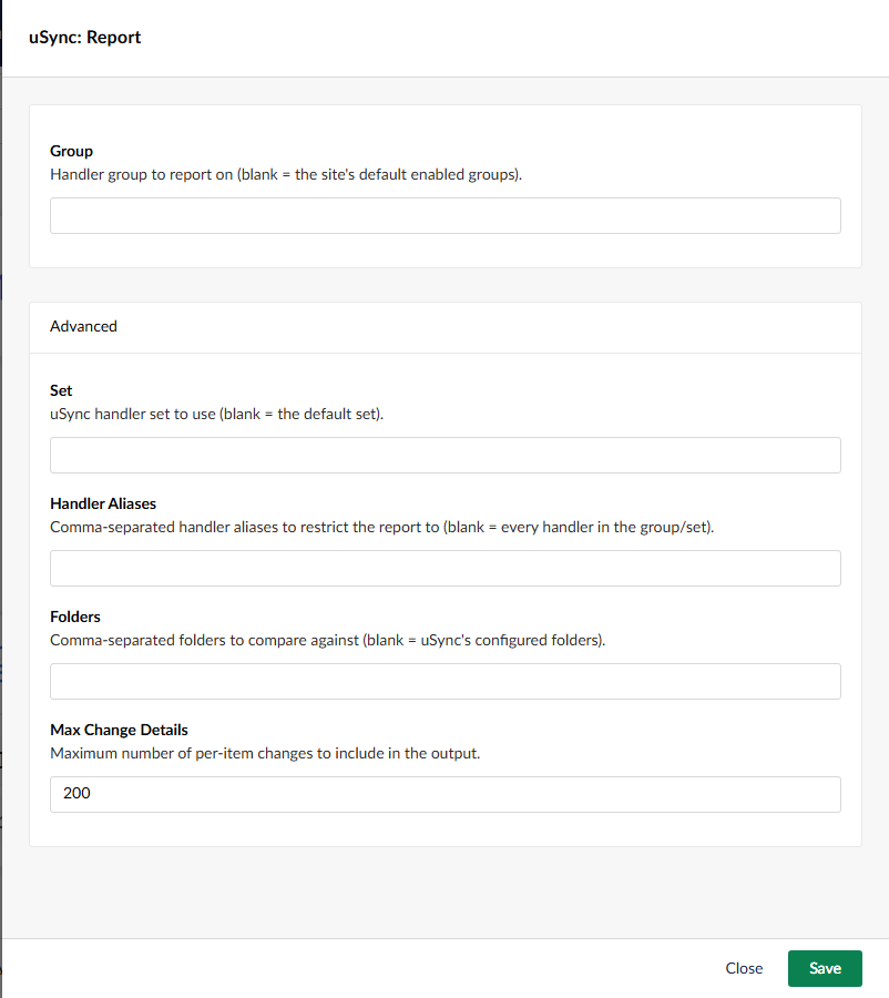 The uSync: Report action's settings, showing Group, and under Advanced, Set, Handler Aliases, Folders and Max Change Details.