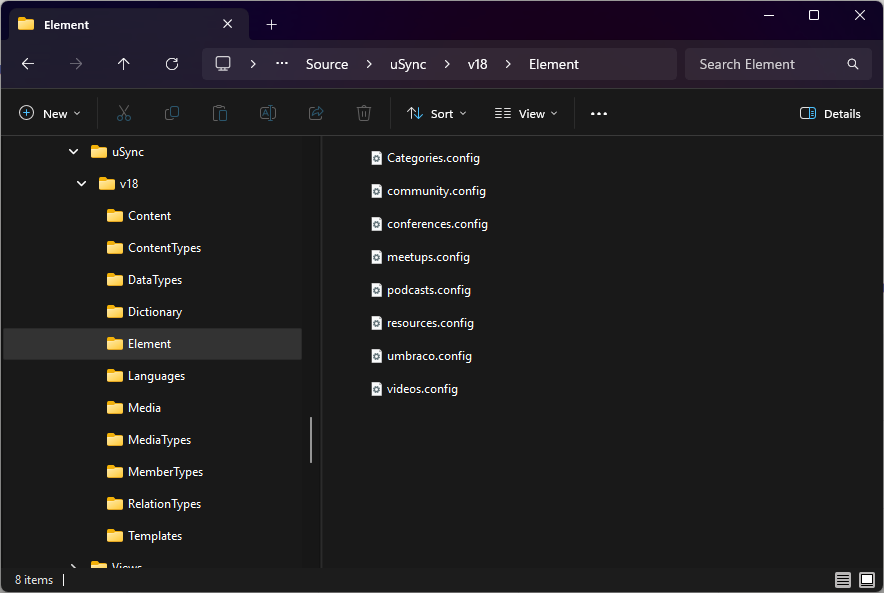 The uSync folder on disk, with the new Element folder sitting alongside Content, ContentTypes and the rest.